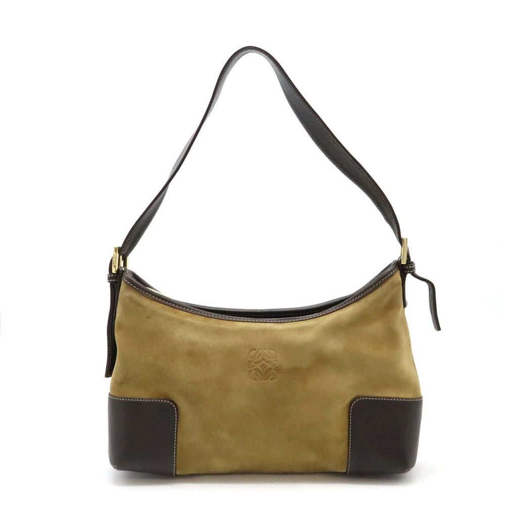 Loewe Anagram Shoulder Bag Hobo Suede Leather Beige Cream Dark Brown